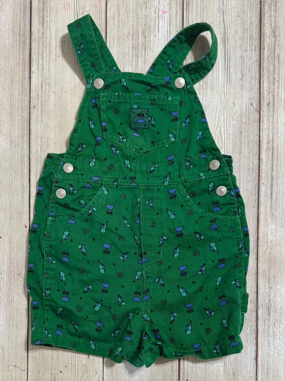 Vintage Honors green parrot treasure chest island shortalls overalls 24m boys